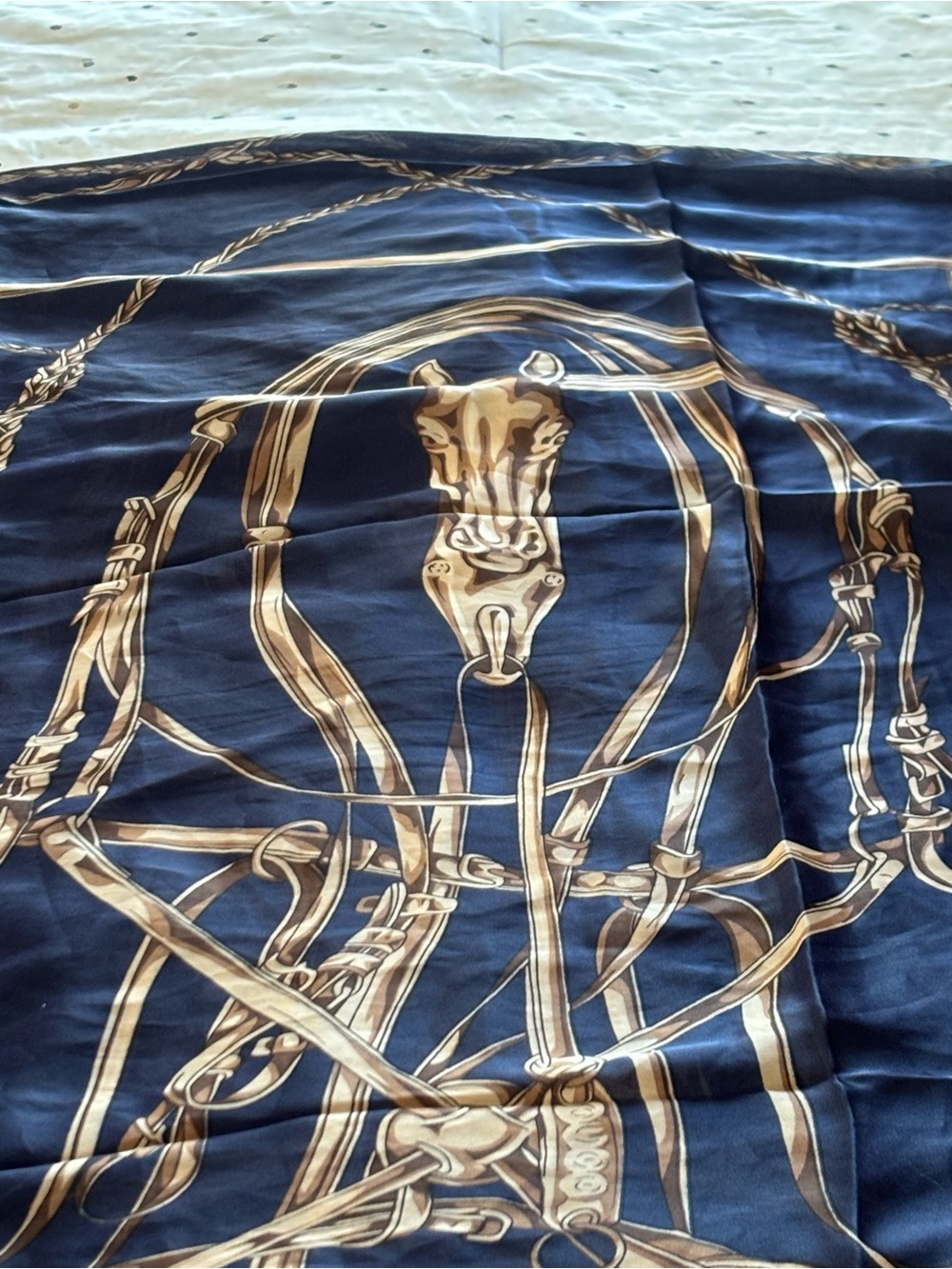 Classic Navy 100% Silk Scarf with Gold Equine Print - Picture 2 of 6